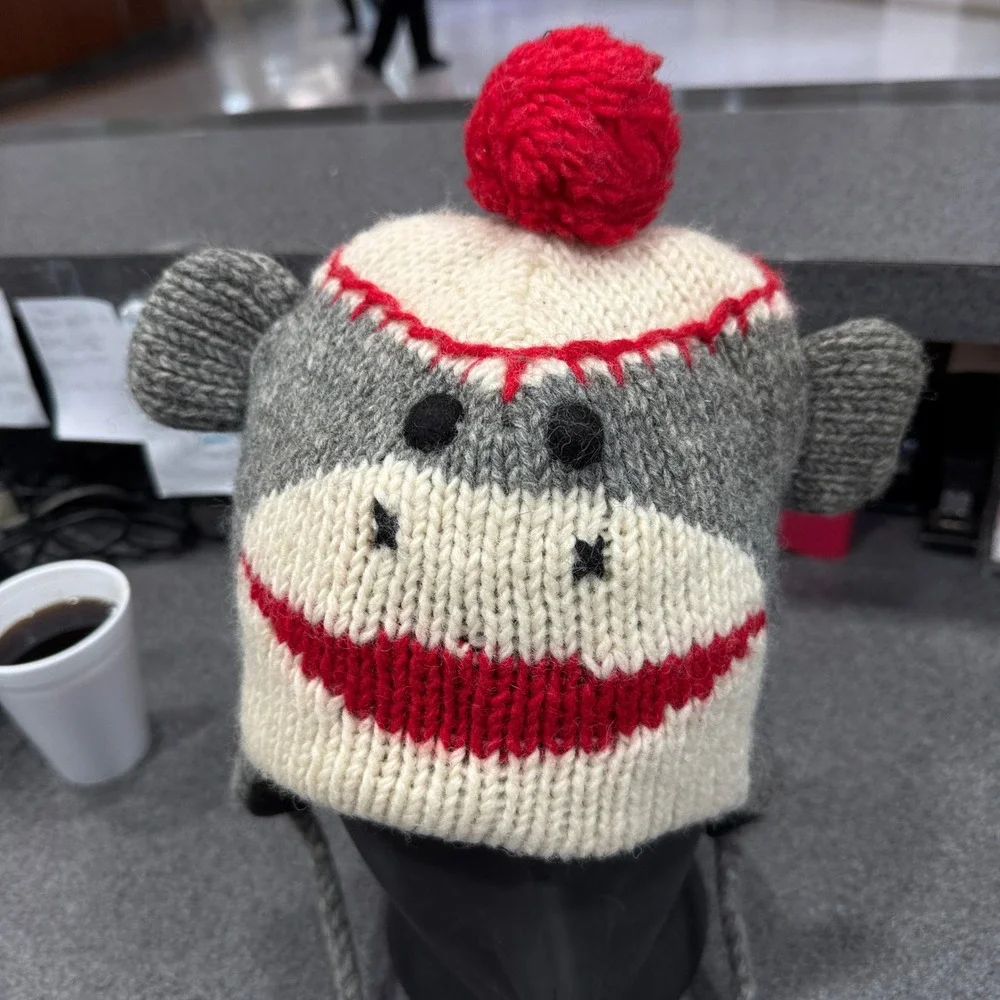 World Market Sock Monkey Beanie Hat Unisex OS Gray Wool Fleece Lined Excellent